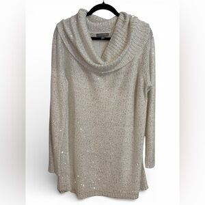 Jessica London - White/Silver Sequins Cowl Neck Tunic Sweater